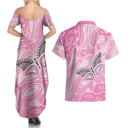 Australia Breast Cancer Awareness Personalised Couples Matching Summer Maxi Dress and Hawaiian Shirt Butterfly Pink Ribbon Aboriginal Art