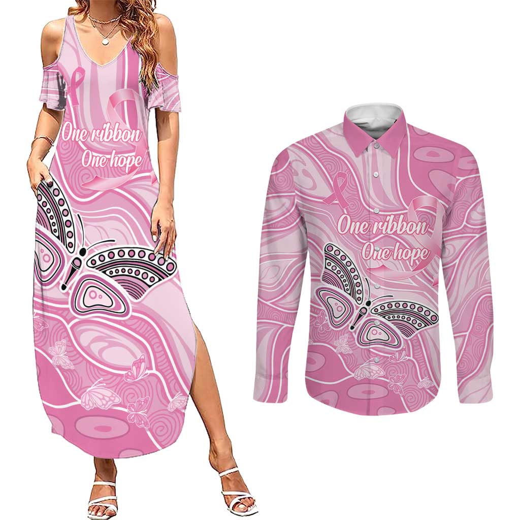 Australia Breast Cancer Awareness Personalised Couples Matching Summer Maxi Dress and Long Sleeve Button Shirt Butterfly Pink Ribbon Aboriginal Art