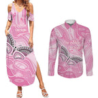 Australia Breast Cancer Awareness Personalised Couples Matching Summer Maxi Dress and Long Sleeve Button Shirt Butterfly Pink Ribbon Aboriginal Art