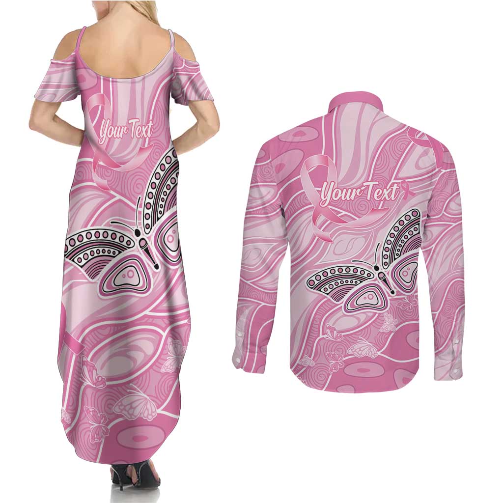 Australia Breast Cancer Awareness Personalised Couples Matching Summer Maxi Dress and Long Sleeve Button Shirt Butterfly Pink Ribbon Aboriginal Art
