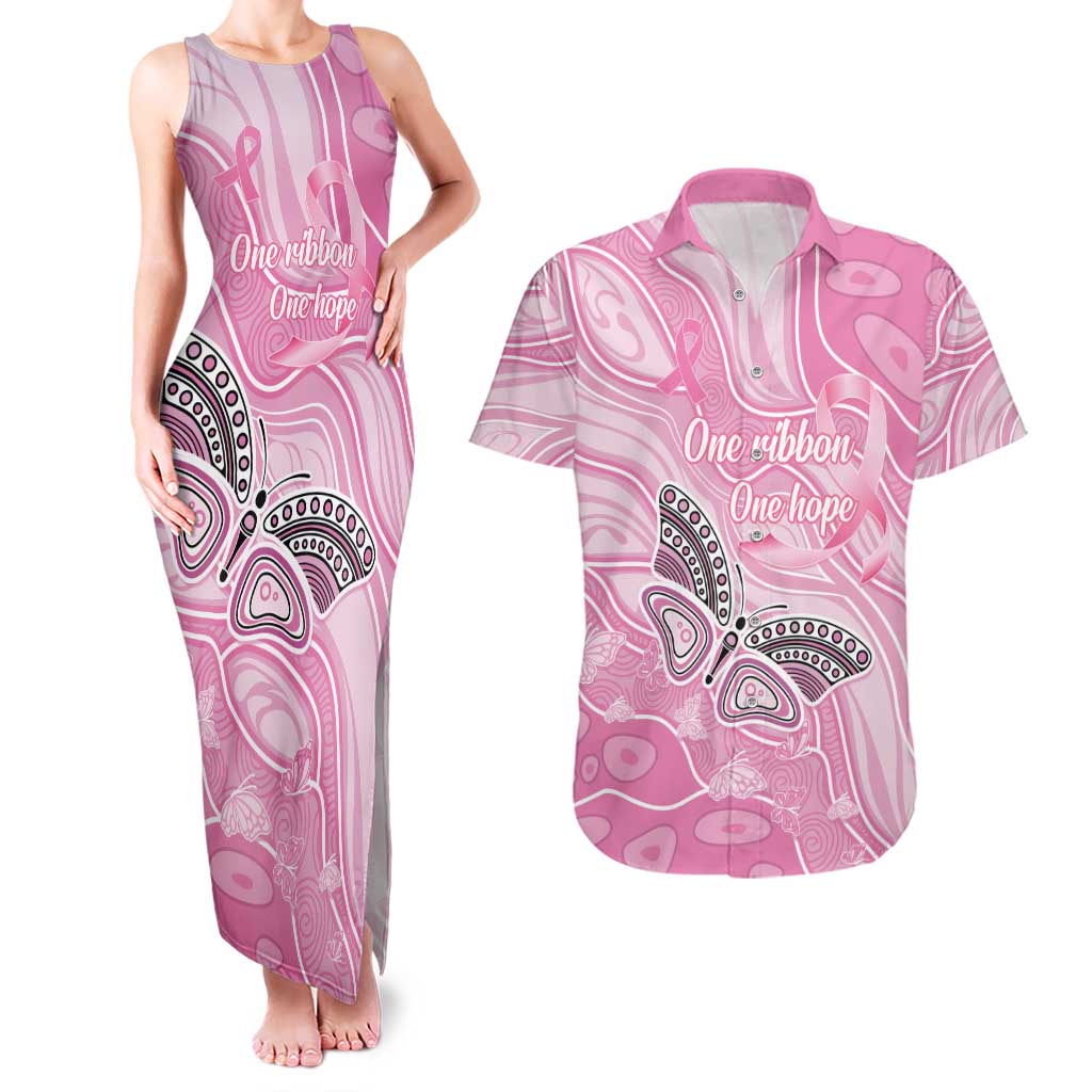 Australia Breast Cancer Awareness Personalised Couples Matching Tank Maxi Dress and Hawaiian Shirt Butterfly Pink Ribbon Aboriginal Art