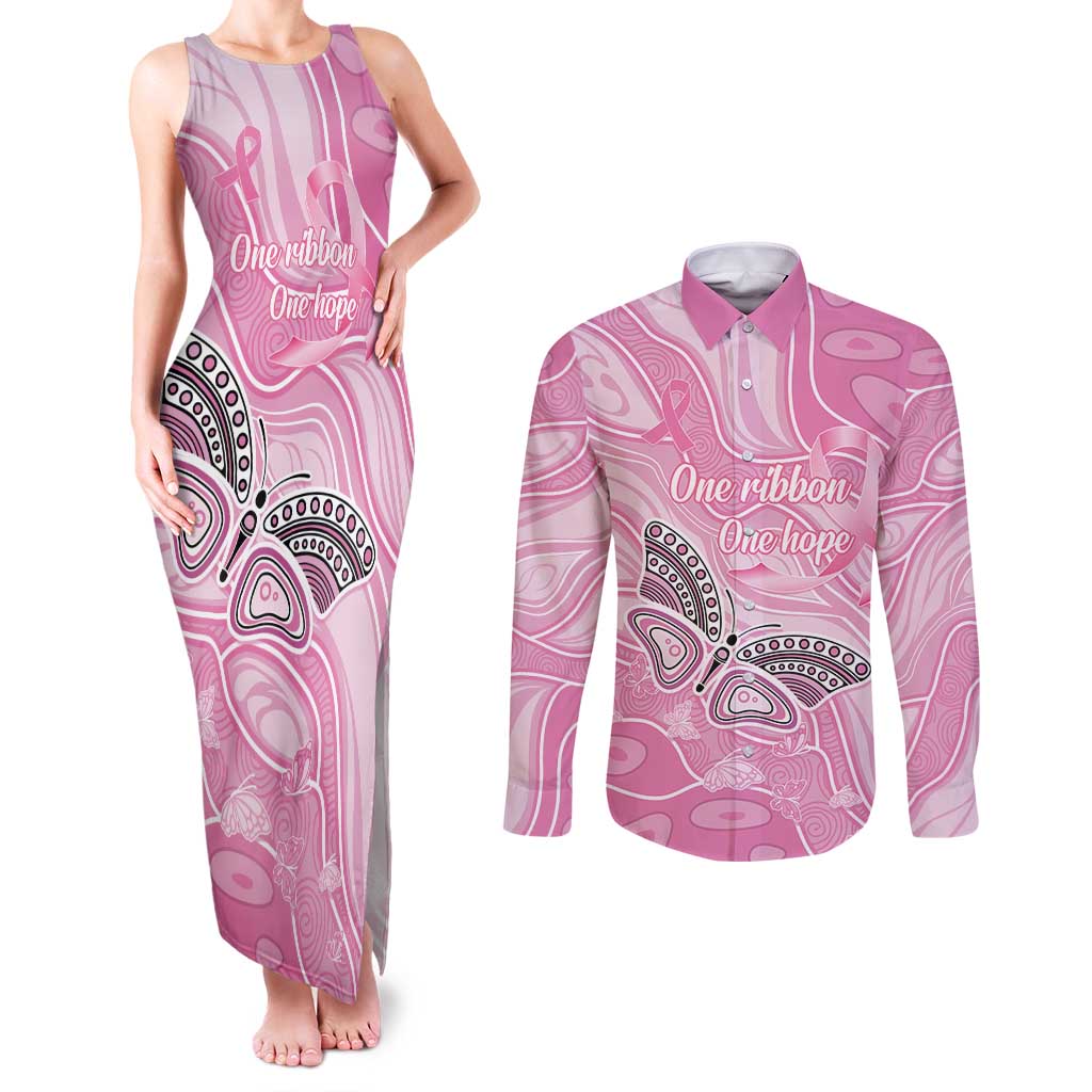 Australia Breast Cancer Awareness Personalised Couples Matching Tank Maxi Dress and Long Sleeve Button Shirt Butterfly Pink Ribbon Aboriginal Art