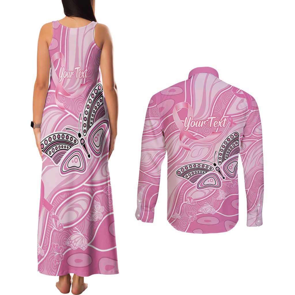 Australia Breast Cancer Awareness Personalised Couples Matching Tank Maxi Dress and Long Sleeve Button Shirt Butterfly Pink Ribbon Aboriginal Art