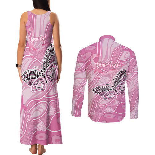 Australia Breast Cancer Awareness Personalised Couples Matching Tank Maxi Dress and Long Sleeve Button Shirt Butterfly Pink Ribbon Aboriginal Art