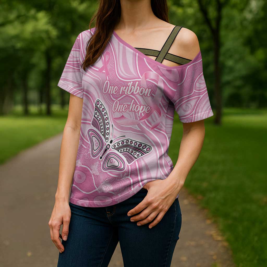 Australia Breast Cancer Awareness Personalised Cross Shoulder Shirt Butterfly Pink Ribbon Aboriginal Art