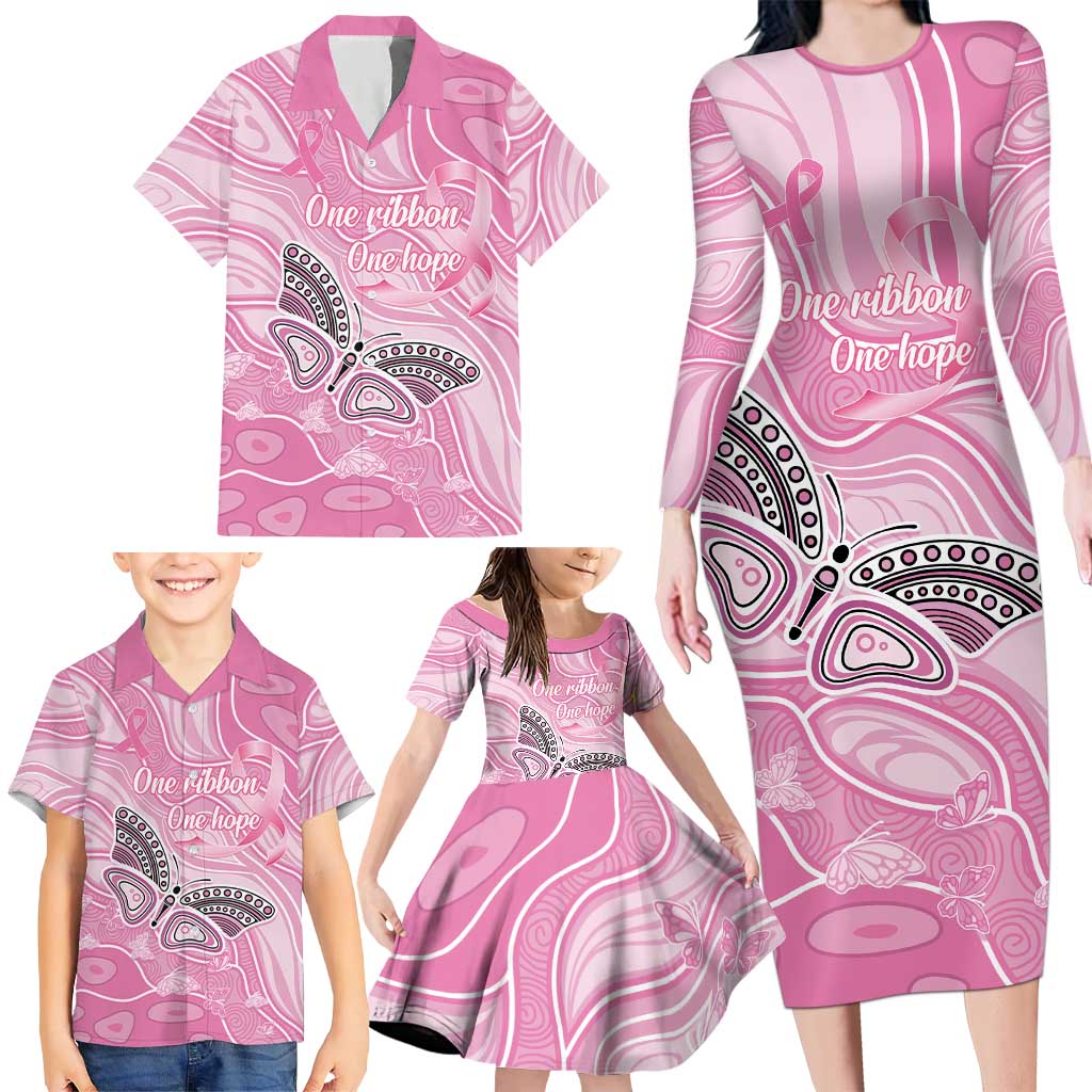 Australia Breast Cancer Awareness Personalised Family Matching Long Sleeve Bodycon Dress and Hawaiian Shirt Butterfly Pink Ribbon Aboriginal Art