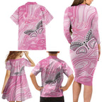 Australia Breast Cancer Awareness Personalised Family Matching Long Sleeve Bodycon Dress and Hawaiian Shirt Butterfly Pink Ribbon Aboriginal Art