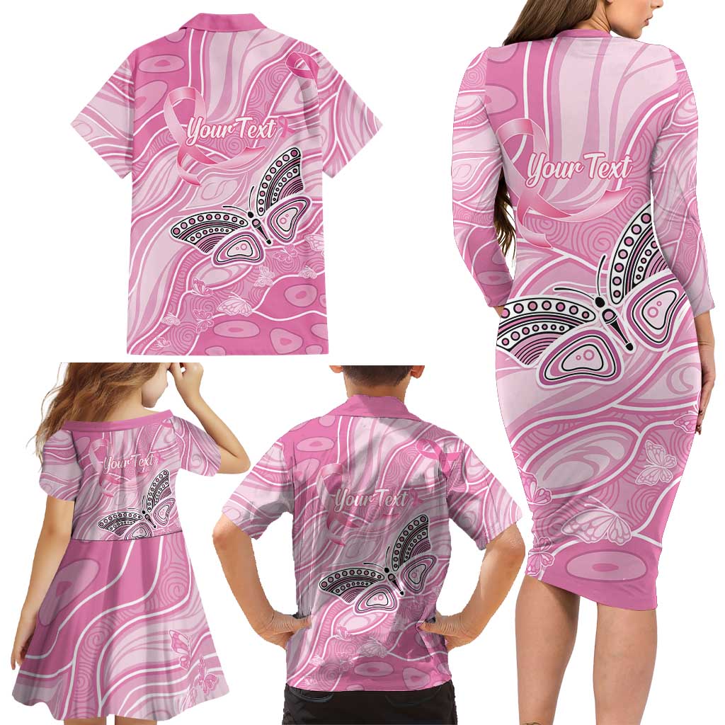 Australia Breast Cancer Awareness Personalised Family Matching Long Sleeve Bodycon Dress and Hawaiian Shirt Butterfly Pink Ribbon Aboriginal Art