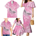 Australia Breast Cancer Awareness Personalised Family Matching Mermaid Dress and Hawaiian Shirt Butterfly Pink Ribbon Aboriginal Art