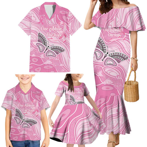 Australia Breast Cancer Awareness Personalised Family Matching Mermaid Dress and Hawaiian Shirt Butterfly Pink Ribbon Aboriginal Art