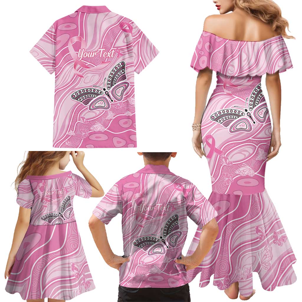 Australia Breast Cancer Awareness Personalised Family Matching Mermaid Dress and Hawaiian Shirt Butterfly Pink Ribbon Aboriginal Art