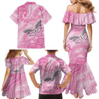 Australia Breast Cancer Awareness Personalised Family Matching Mermaid Dress and Hawaiian Shirt Butterfly Pink Ribbon Aboriginal Art