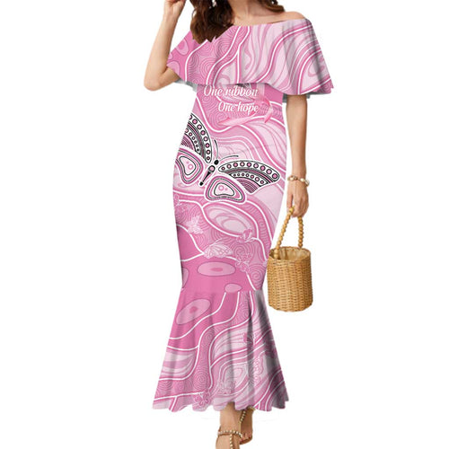 Australia Breast Cancer Awareness Personalised Family Matching Mermaid Dress and Hawaiian Shirt Butterfly Pink Ribbon Aboriginal Art