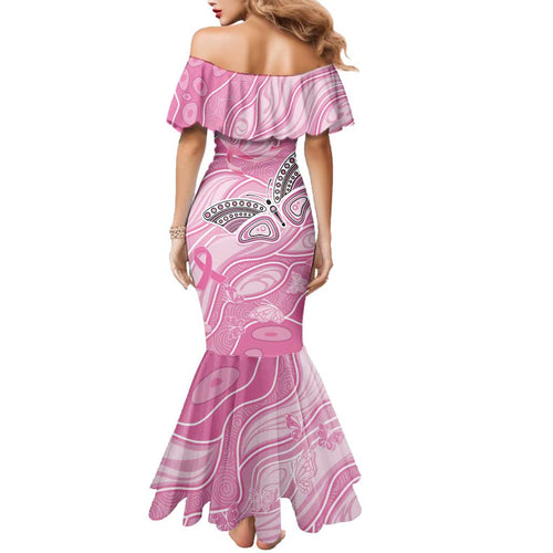 Australia Breast Cancer Awareness Personalised Family Matching Mermaid Dress and Hawaiian Shirt Butterfly Pink Ribbon Aboriginal Art