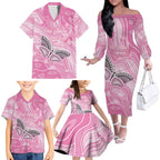 Australia Breast Cancer Awareness Personalised Family Matching Off The Shoulder Long Sleeve Dress and Hawaiian Shirt Butterfly Pink Ribbon Aboriginal Art
