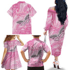 Australia Breast Cancer Awareness Personalised Family Matching Off The Shoulder Long Sleeve Dress and Hawaiian Shirt Butterfly Pink Ribbon Aboriginal Art