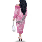 Australia Breast Cancer Awareness Personalised Family Matching Off The Shoulder Long Sleeve Dress and Hawaiian Shirt Butterfly Pink Ribbon Aboriginal Art