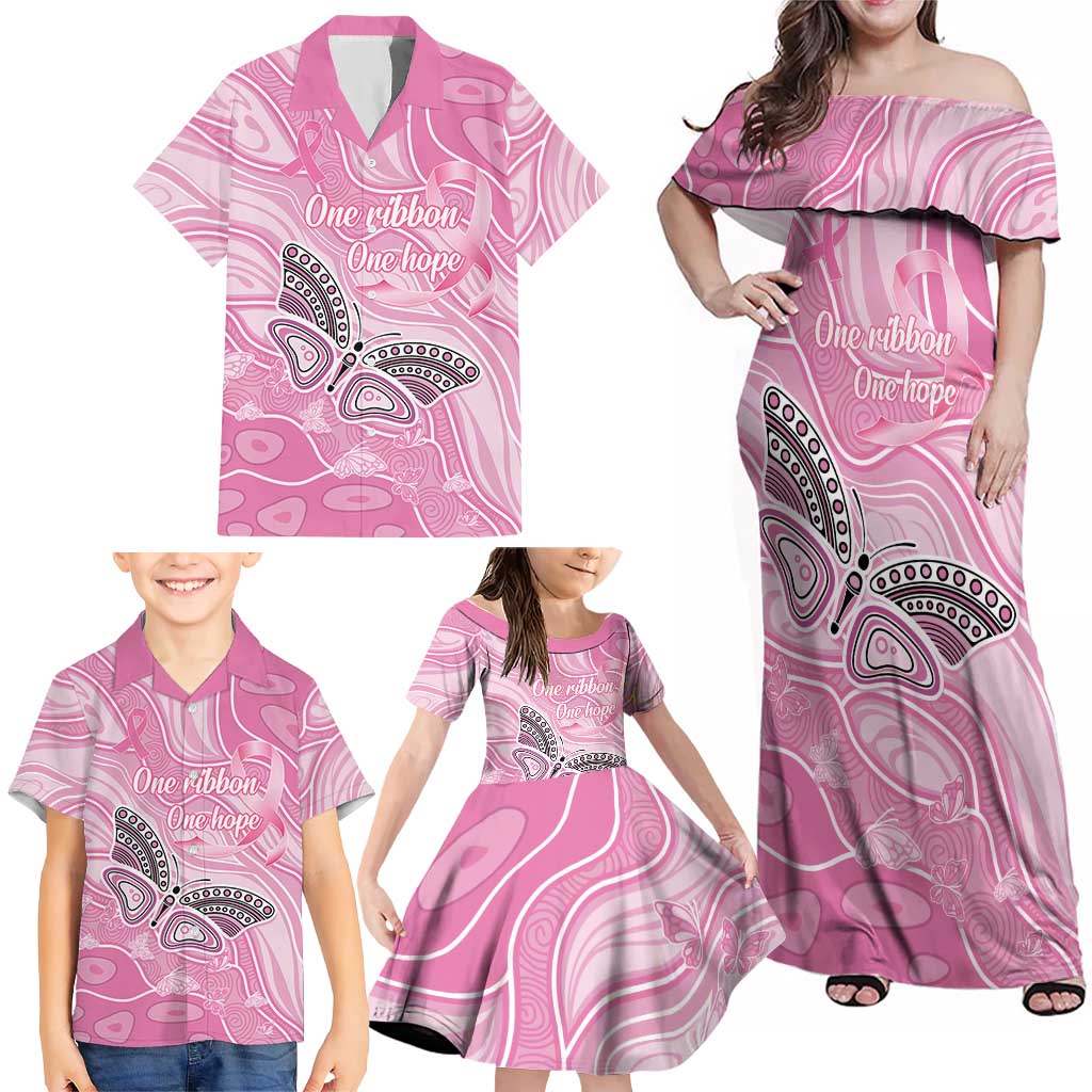 Australia Breast Cancer Awareness Personalised Family Matching Off Shoulder Maxi Dress and Hawaiian Shirt Butterfly Pink Ribbon Aboriginal Art