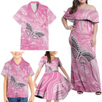 Australia Breast Cancer Awareness Personalised Family Matching Off Shoulder Maxi Dress and Hawaiian Shirt Butterfly Pink Ribbon Aboriginal Art