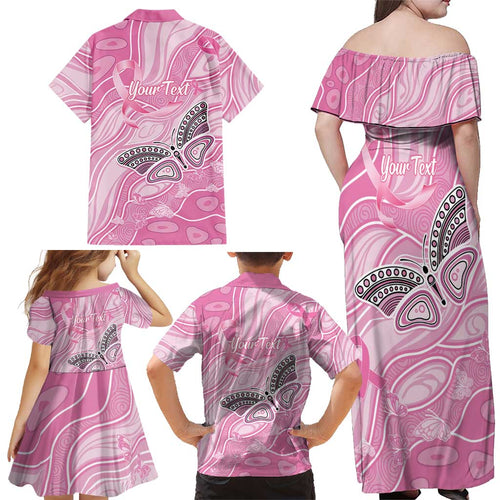 Australia Breast Cancer Awareness Personalised Family Matching Off Shoulder Maxi Dress and Hawaiian Shirt Butterfly Pink Ribbon Aboriginal Art