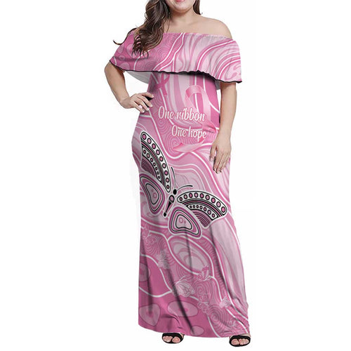Australia Breast Cancer Awareness Personalised Family Matching Off Shoulder Maxi Dress and Hawaiian Shirt Butterfly Pink Ribbon Aboriginal Art