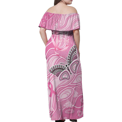 Australia Breast Cancer Awareness Personalised Family Matching Off Shoulder Maxi Dress and Hawaiian Shirt Butterfly Pink Ribbon Aboriginal Art