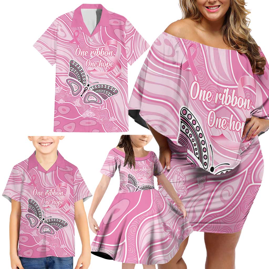Australia Breast Cancer Awareness Personalised Family Matching Off Shoulder Short Dress and Hawaiian Shirt Butterfly Pink Ribbon Aboriginal Art