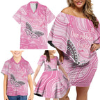Australia Breast Cancer Awareness Personalised Family Matching Off Shoulder Short Dress and Hawaiian Shirt Butterfly Pink Ribbon Aboriginal Art