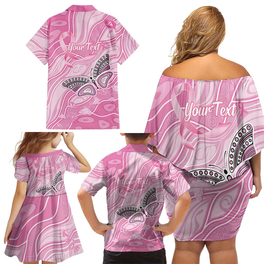Australia Breast Cancer Awareness Personalised Family Matching Off Shoulder Short Dress and Hawaiian Shirt Butterfly Pink Ribbon Aboriginal Art