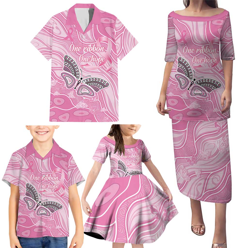 Australia Breast Cancer Awareness Personalised Family Matching Puletasi and Hawaiian Shirt Butterfly Pink Ribbon Aboriginal Art