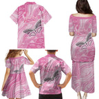 Australia Breast Cancer Awareness Personalised Family Matching Puletasi and Hawaiian Shirt Butterfly Pink Ribbon Aboriginal Art