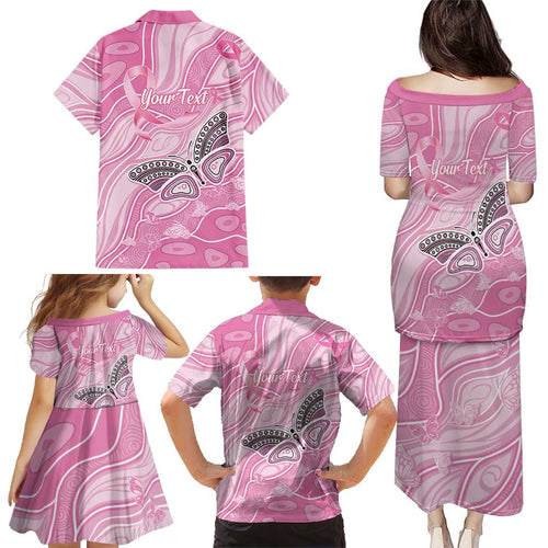 Australia Breast Cancer Awareness Personalised Family Matching Puletasi and Hawaiian Shirt Butterfly Pink Ribbon Aboriginal Art
