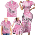 Australia Breast Cancer Awareness Personalised Family Matching Short Sleeve Bodycon Dress and Hawaiian Shirt Butterfly Pink Ribbon Aboriginal Art