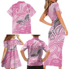 Australia Breast Cancer Awareness Personalised Family Matching Short Sleeve Bodycon Dress and Hawaiian Shirt Butterfly Pink Ribbon Aboriginal Art