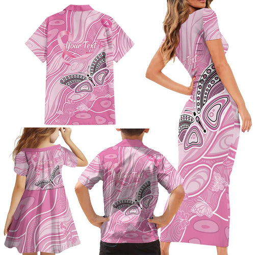 Australia Breast Cancer Awareness Personalised Family Matching Short Sleeve Bodycon Dress and Hawaiian Shirt Butterfly Pink Ribbon Aboriginal Art