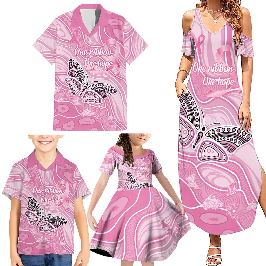 Australia Breast Cancer Awareness Personalised Family Matching Summer Maxi Dress and Hawaiian Shirt Butterfly Pink Ribbon Aboriginal Art