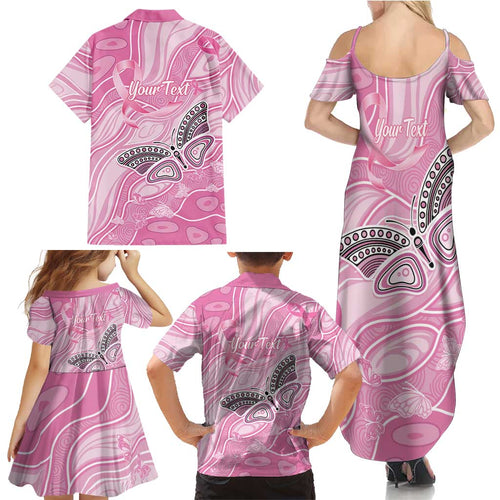 Australia Breast Cancer Awareness Personalised Family Matching Summer Maxi Dress and Hawaiian Shirt Butterfly Pink Ribbon Aboriginal Art
