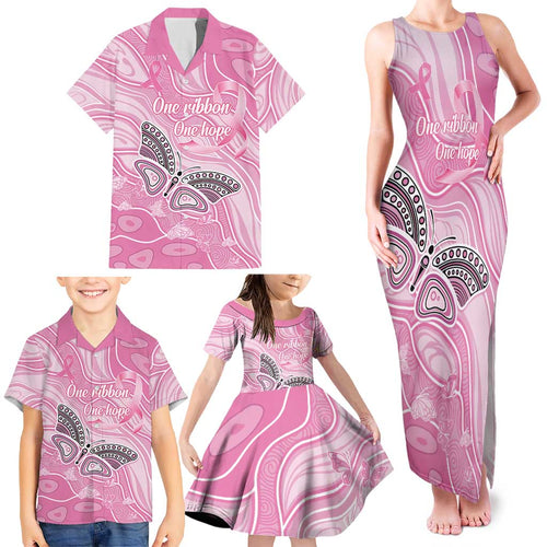 Australia Breast Cancer Awareness Personalised Family Matching Tank Maxi Dress and Hawaiian Shirt Butterfly Pink Ribbon Aboriginal Art