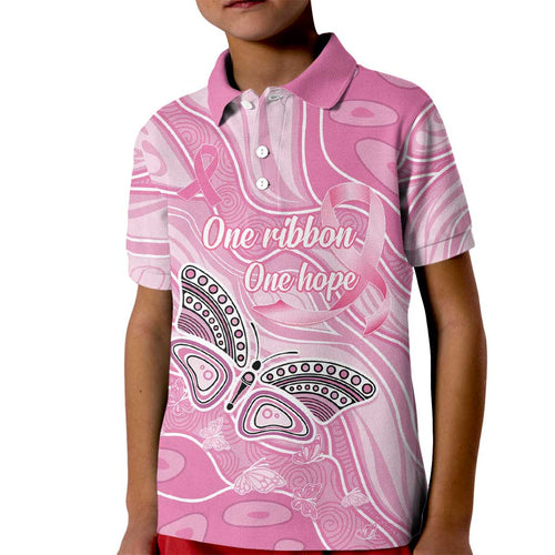 Australia Breast Cancer Awareness Personalised Kid Polo Shirt Butterfly Pink Ribbon Aboriginal Art