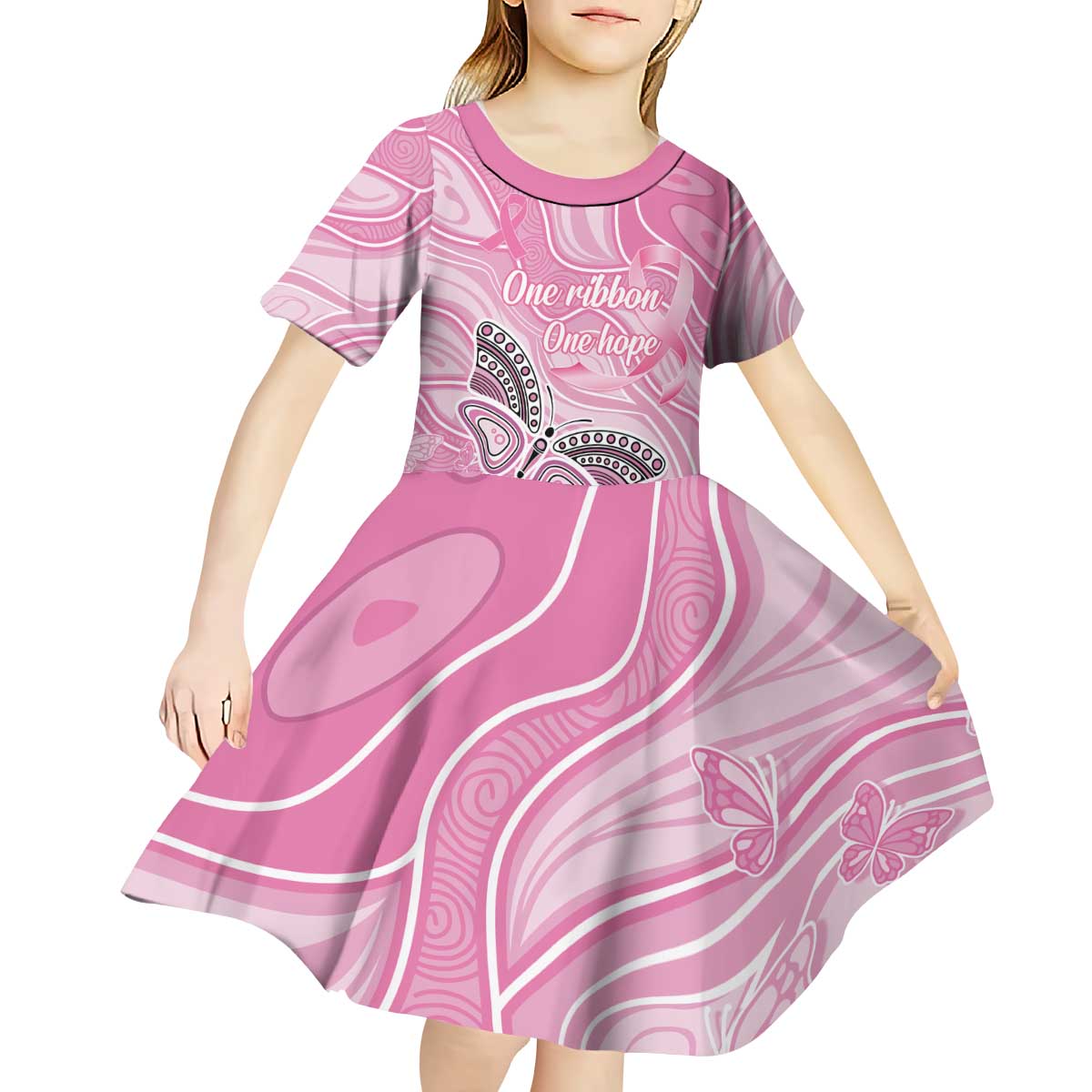 Australia Breast Cancer Awareness Personalised Kid Short Sleeve Dress Butterfly Pink Ribbon Aboriginal Art