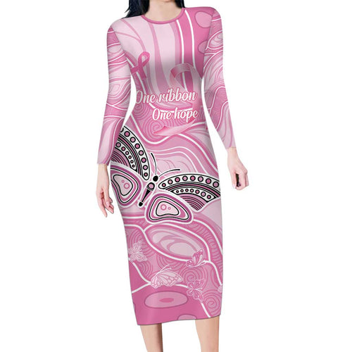 Australia Breast Cancer Awareness Personalised Long Sleeve Bodycon Dress Butterfly Pink Ribbon Aboriginal Art