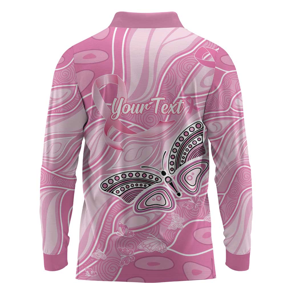 Australia Breast Cancer Awareness Personalised Long Sleeve Polo Shirt Butterfly Pink Ribbon Aboriginal Art