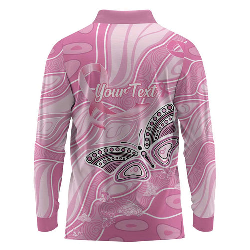 Australia Breast Cancer Awareness Personalised Long Sleeve Polo Shirt Butterfly Pink Ribbon Aboriginal Art
