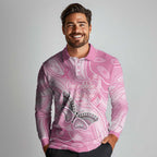Australia Breast Cancer Awareness Personalised Long Sleeve Polo Shirt Butterfly Pink Ribbon Aboriginal Art