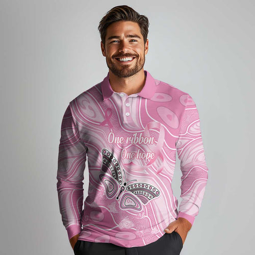 Australia Breast Cancer Awareness Personalised Long Sleeve Polo Shirt Butterfly Pink Ribbon Aboriginal Art