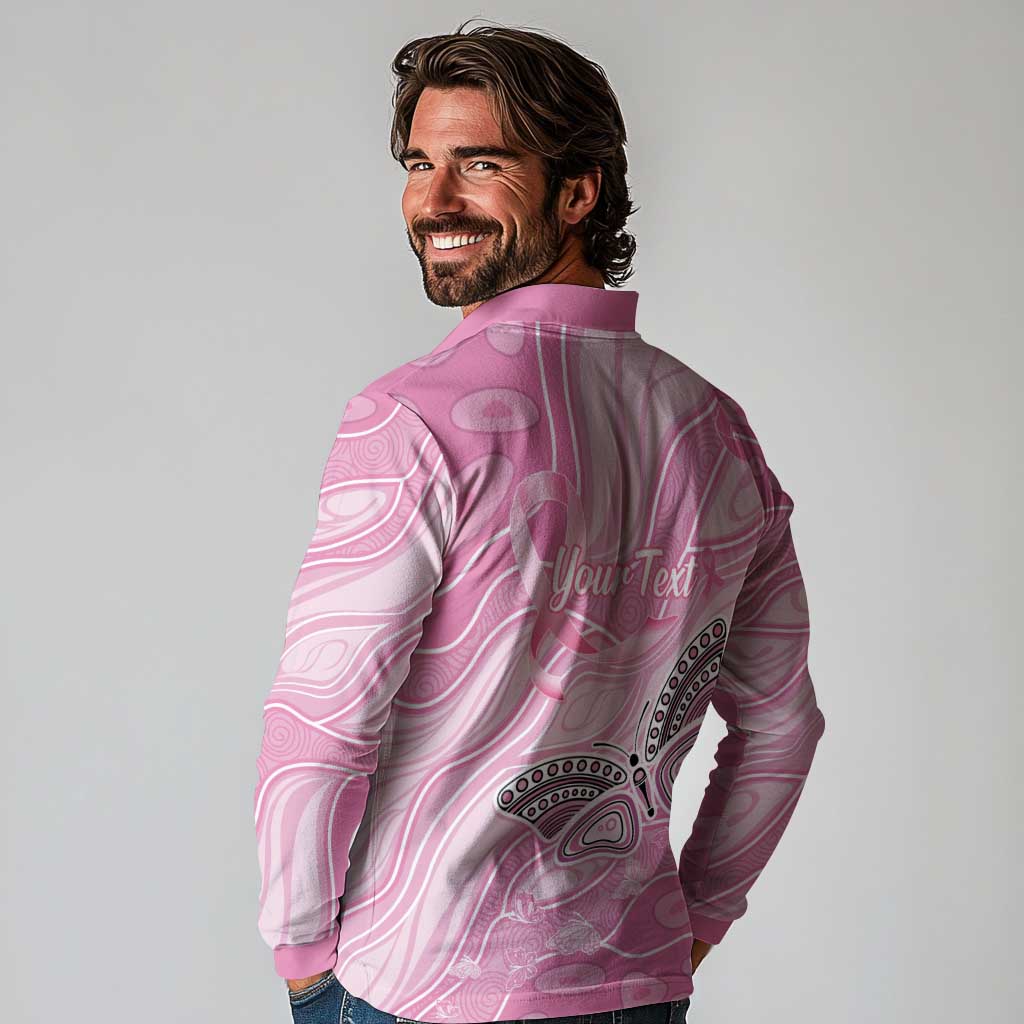 Australia Breast Cancer Awareness Personalised Long Sleeve Polo Shirt Butterfly Pink Ribbon Aboriginal Art