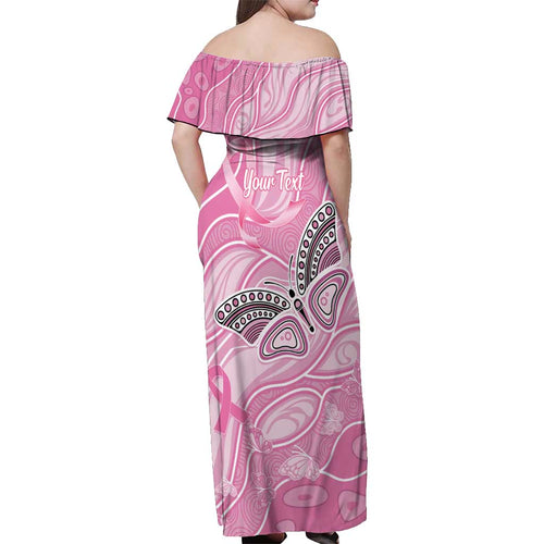 Australia Breast Cancer Awareness Personalised Off Shoulder Maxi Dress Butterfly Pink Ribbon Aboriginal Art