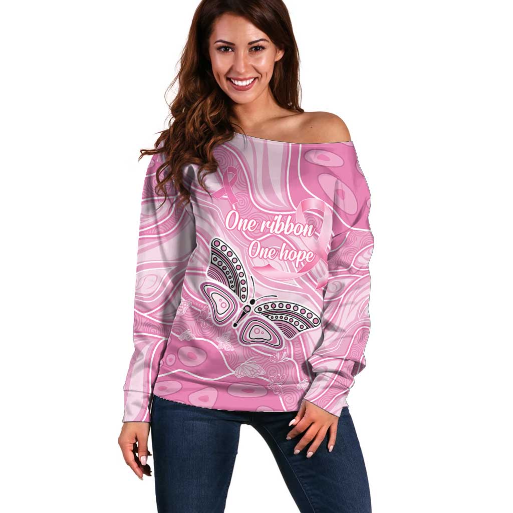 Australia Breast Cancer Awareness Personalised Off Shoulder Sweater Butterfly Pink Ribbon Aboriginal Art