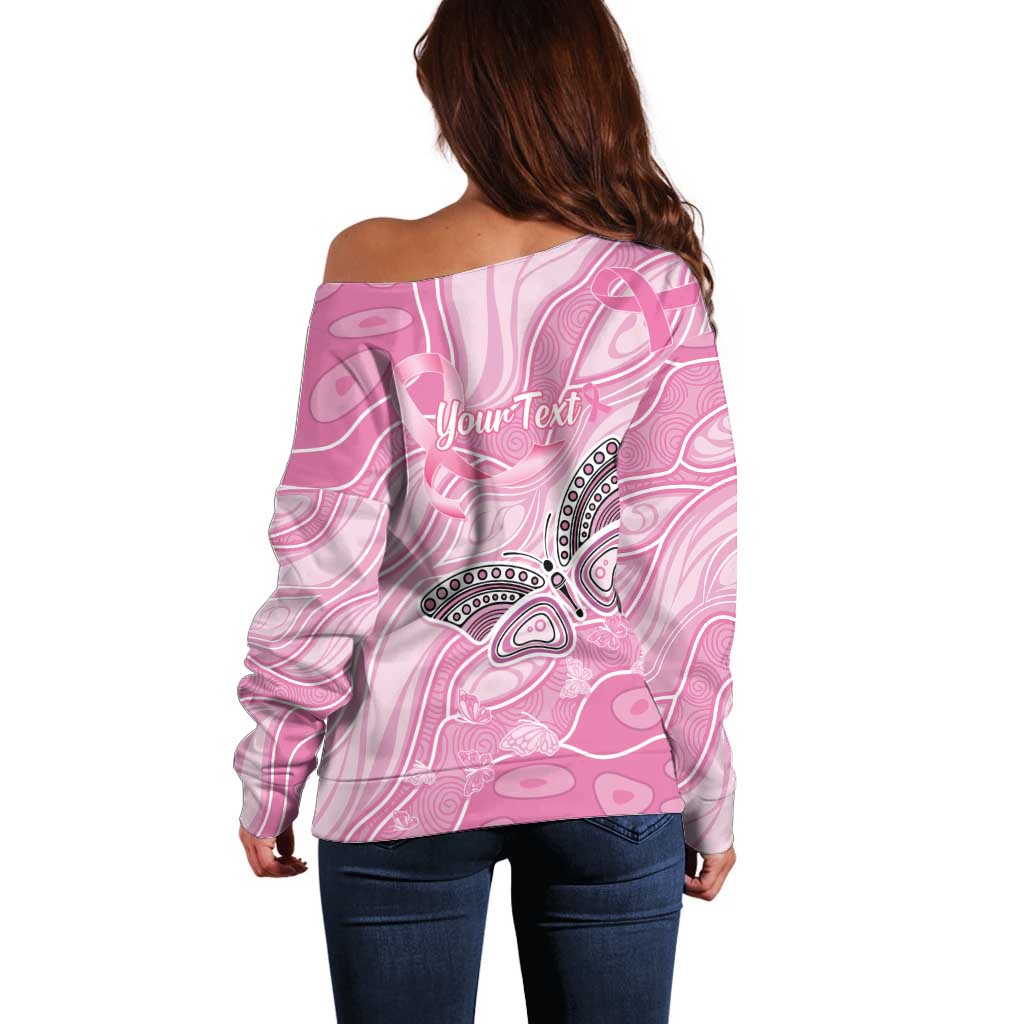 Australia Breast Cancer Awareness Personalised Off Shoulder Sweater Butterfly Pink Ribbon Aboriginal Art