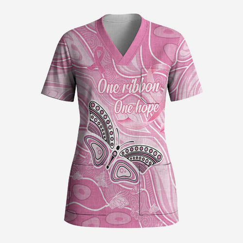 Australia Breast Cancer Awareness Personalised Scrub Top Butterfly Pink Ribbon Aboriginal Art